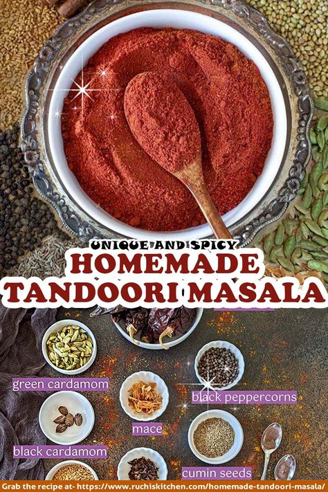 Make your very own Homemade Tandoori Masala with this simple and easy step-by-step recipe. This Tandoori masala is made with assorted spices that lend their unique flavors and aromas to any dish! #glutenfreespicemix, #homemade #tandoorimasala #veganspicemix #Indiantandoorimasala Tandoori Masala Recipe, Masala Spice Blend, Tandoori Paste, Homemade Spice Mix, Spice Blends Recipes, Spice Mix Recipes, Masala Spice, Homemade Spice Blends, Seasoning And Spice