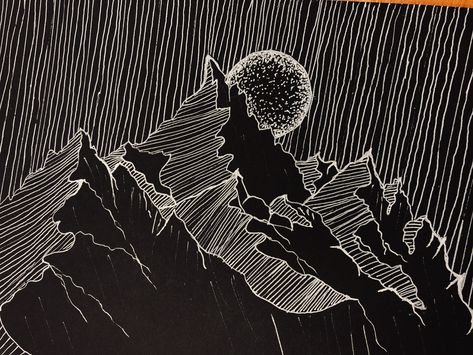 Linocut Art Ideas Simple, White Pen On Black Paper Drawing, White Pen Art On Black Paper, Mountain Linocut, Linocut Mountains, Linoleum Printmaking, Mother Earth Art, Relief Printmaking, Black Paper Drawing