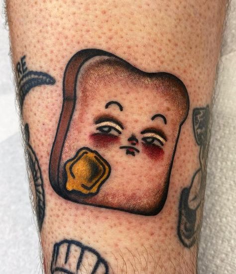 Neo Traditional Food Tattoo, Tater Tot Tattoo, Bread And Butter Tattoo, Deviled Egg Tattoo, Bread Tattoo Ideas, Yakult Tattoo, Burnt Toast Tattoo, Pan Dulce Tattoo, Traditional Food Tattoo