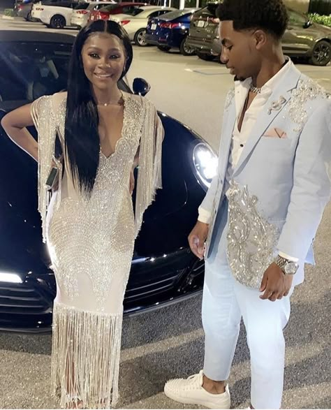 Prom 2k22 Black Couple, Prom Suit With Rhinestones, White And Silver Prom Suit Black Men, Tan Prom Suits, Custom Prom Suits, Prom Suits For Men Black, Silver Prom Suits, Prom Suits For Men Unique, Prom Suit Ideas