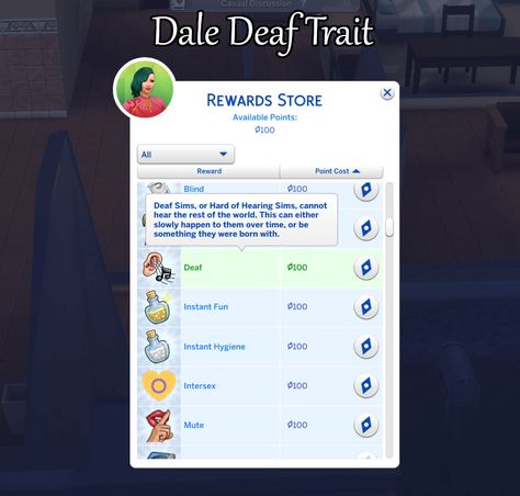 Sims 4 Reward Store Cc, Sims 4 Cc Deaf Trait, Sims 4 Deaf, Ts4 Aspirations, Game Mods Sims 4, Mods Sims 4, Ts4 Mods, Sims 4 Traits, Reward Store