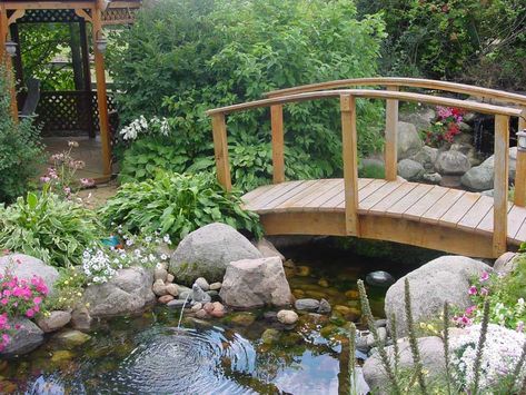 pond with bridge Backyard Layout With Pool, Pond With Bridge, Backyard Bridges, Alexandria Minnesota, Pond Bridge, Building A Pond, Backyard Layout, Garden Pond Design, Fountains Backyard