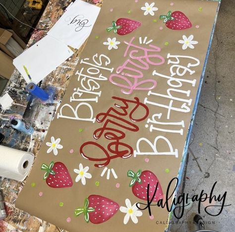 Berry First Birthday Banner Painted, Brown Paper Sign Party Ideas, Berry First Birthday Banner, Brown Paper Painted Banner, Hand Painted Birthday Banner, Hand Painted Banner, Birthday Signs Diy Poster, Painted Birthday Banner, Diy Birthday Sign