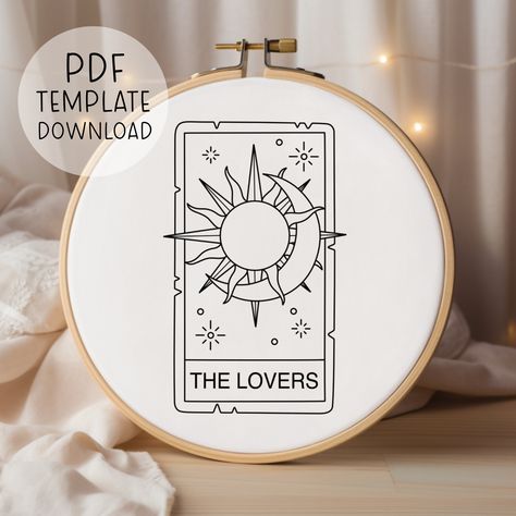 "This is a pattern TEMPLATE for the design shown above. It is for hand embroidery, and is NOT suitable for machine embroidery. You will not receive any physical products as this is a DIGITAL DOWNLOAD ONLY. You will receive a downloadable A4 sized PDF file for this pattern. It comes with patterns scaled to fit 3\", 4\", 5\", 6\", 7\" and 8\" hoops. It is up to you to choose which size hoop best suits the design you choose (tip: designs with lots of small details are usually better suited to larger hoops). You will need access to a printer to print your PDF pattern, and then you can transfer it to your fabric with an embroidery suitable pen or pencil. You will also receive a basic embroidery guide for beginners, however, please be aware this is a short and general guide and it does not conta Sun And Moon Embroidery Pattern, Embroidery Designs On Canvas, Embroidery Celestial, Chakra Embroidery, Tarot Card Embroidery, Moon Embroidery Pattern, Sun And Moon Embroidery, Hand Embroidery Patterns Free Printable, Astrology Embroidery