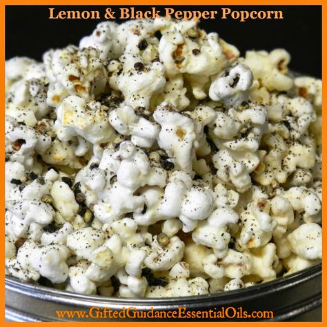 Gifted Guidance Essential Oils: Lemon & Black Pepper Popcorn! Chex Mix Snacks, Lime Popcorn, Wild Rose Detox, Cheddar Corn, Wild Rose Detox Recipes, Popcorn Flavors, Cheddar Popcorn, Butter Popcorn, Flavored Popcorn