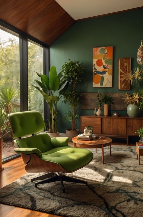 Boho Chic Living Room Inspo: Eclectic and Vibrant Ideas Mid Century Boho Living Room, Modern Green Living Room, Mid Century Modern Interior Design, Beach House Living Room, Boho Chic Living Room, Retro Living Rooms, Mid Century Living Room, Mid Century Modern Living, Mid Century Modern Living Room