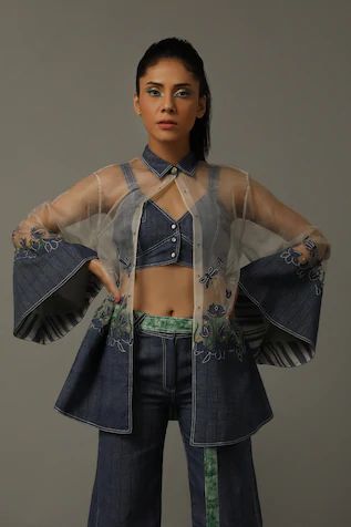 Blue Embroidered Dress, Organza Jacket, Wear Crop Top, Indian Fashion Designers, Denim Cotton, Fashion Design Clothes, Indigo Blue, Festival Wear, Embroidered Dress