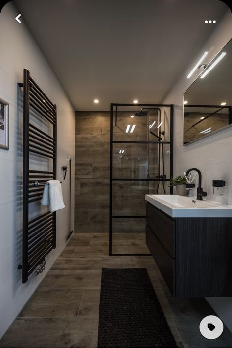 Stylish Shower Room, Wood Grain Tile Bathroom, Different Home Aesthetics, Soft Industrial Decor, Black And Wood Bathroom, Bathroom Vibes, Diamond House, Industrial Bathroom Design, Cottage Remodel