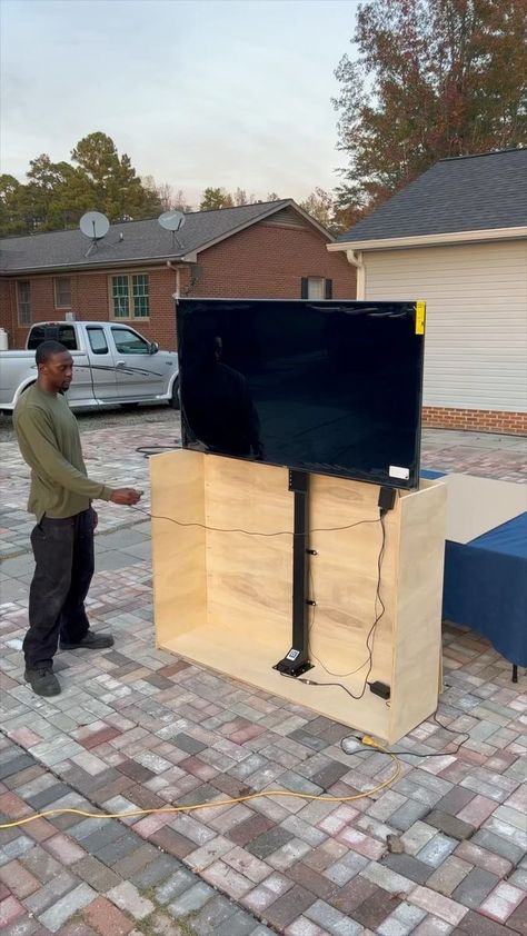 Motorized Tv Lift Cabinet Outdoor, Motorised Tv Lift Cabinet, Hidden Tv Bedroom, Outdoor Tv Area, Tv Cabinet Diy, Outdoor Tv Setup, Pop Up Tv Cabinet, Outdoor Tv Mount, Outdoor Tv Enclosure