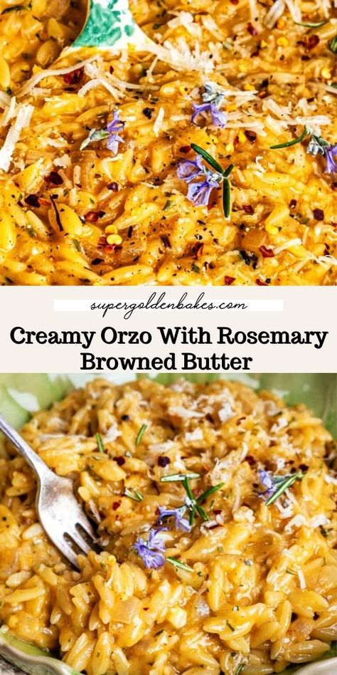 Brown Butter Orzo, Brown Butter Dinner Recipes, Brown Butter Recipes Dinners, Rosemary Orzo, Butter Orzo, Creamy Orzo Recipes, Creamy Orzo, Rosemary Recipes, Caramelized Shallots