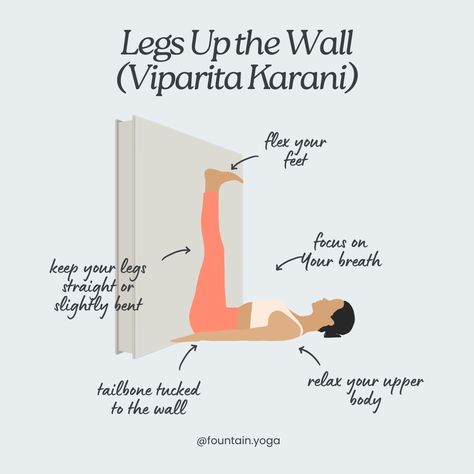 "This week's featured restorative pose is Legs-Up-The-Wall (Viparita Karani). It's perfect for calming the mind and relieving tired legs. Try it today and feel the stress melt away! ✨ #WellnessWednesday #RestorativeYoga #FountainYoga #RelaxAndRestore #YogaForHealing #YogaForEveryone #MentalWellness #RestorativePoses" Viparita Dandasana, Halasana Pose Benefits, Viparita Karani, Tired Legs, Suriyanamaskaram Yoga, Sahaja Yoga Meditation, Wellness Wednesday, Restorative Yoga, Mental Wellness