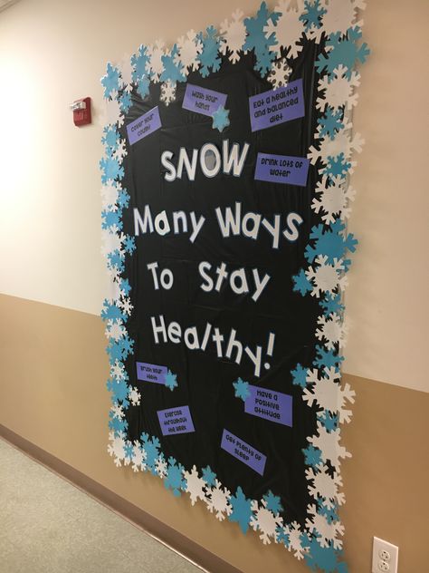 Winter Work Bulletin Board Ideas, Winter Office Bulletin Boards, Winter Nurse Bulletin Board, Christmas Hospital Bulletin Board, November/december Bulletin Boards, Winter Health Bulletin Boards, School Nurse Bulletin Board High School, Christmas Nurse Bulletin Board, Winter Bulletin Boards For High School