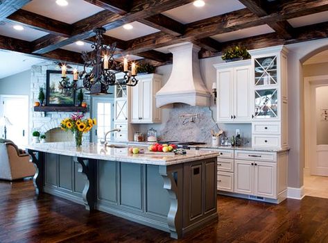 Gallery Rustic Coffered Ceiling, Coffered Ceiling Kitchen, Wood Coffered Ceiling, Coffered Ceiling Design, Mediterranean Kitchen, Storage Inspiration, Kitchen Images, Kitchen Gallery, Custom Kitchen Cabinets