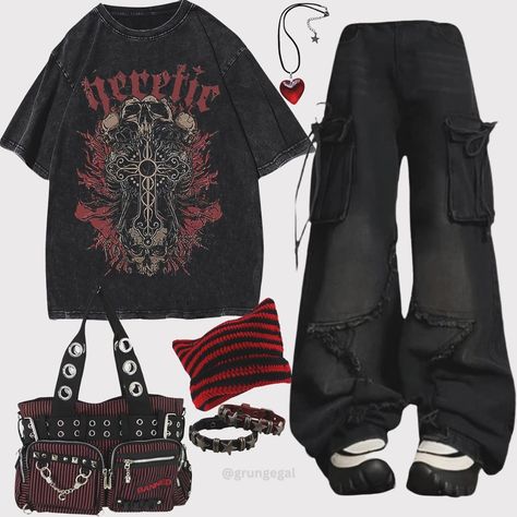 Wear or tear ?🖤 A bold grunge-inspired outfit featuring an oversized “Heretic” graphic tee, distressed cargo pants, a striped beanie, studded accessories, and a statement black-and-red bag. Perfect for an edgy, alternative look. - - - - - - - - - - - #grungestyle #grungeaesthetic #grungevibes #grungefashion #altfashion #darkaesthetic #punkgrunge #edgystyle #gothgrunge #vintagegrunge #alternativestyle #grungeoutfit #altaesthetic #softgrunge #90sgrunge #emostyle #darkvibes #altcommunity #roc... Oversized Graphic Tee Outfits, 2025 Outfits, Studded Accessories, Alt Aesthetic, Striped Beanie, Graphic Tee Outfits, Oversized Graphic Tee, Red Bag, Wear Or Tear