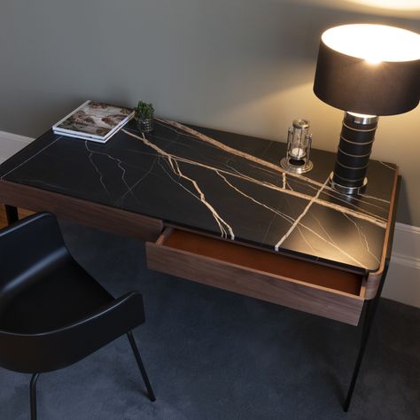 BOUVET DESK Marble Top Office Table, Marble And Wood Desk, Fancy Desk Ideas, Black Marble Desk, Lagos Apartment, Marble Top Desk, Fancy Desk, Stone Desk, Condo Inspiration