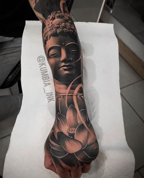 Budda Tattoo Men, Buddhist Tattoo Sleeve, Buddha Tattoo Sleeve, Buda Tattoo, Hand Tatts, Tattoo Main, Sick Tattoos, Hindu Tattoos, Buddhist Tattoo