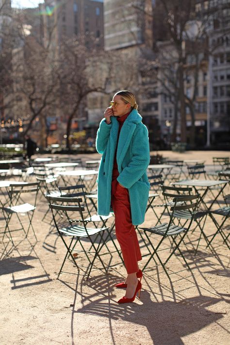 Teal Cardigan Outfit Fall, Teal Sweater Outfit Fall, Blair Highlights, Red And Teal Outfit, Turquoise Coat Outfit, Teal Coat Outfit, Turquoise Jacket Outfit, Teal Blazer Outfit, Turquoise Clothes