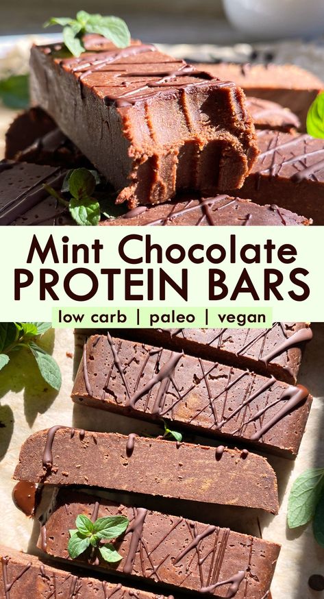 These mint chocolate protein bars are made with almond butter, protein powder and dark chocolate. They have a delicious minty flavor and are completely no bake, low carb and dairy free! Enjoy as a low carb snack or healthy dessert. Chocolate Protein Bar, Protein Bar Recipe, No Bake Protein Bars, Low Carb Protein Bars, Healthy Protein Bars, Chocolate Protein Bars, Recipe Low Carb, Vegan Protein Bars, High Protein Desserts