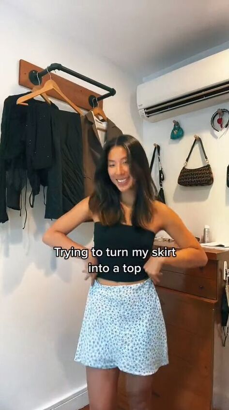 Turn A Skirt Into A Top, Turning A Skirt Into A Top, Skirt To Top Diy, Tank Top Into Skirt, How To Make Skirt Shorter, How To Make A Mini Skirt, Skirt Into Top, Skirt Hacks, Skirt As A Top