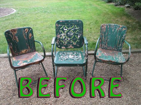 Painting Metal Outdoor Furniture, Vintage Metal Glider, Patio Chairs Makeover, Old Metal Chairs, Painted Metal Chairs, Green Pie, Metal Lawn Chairs, Vintage Metal Chairs, Vintage Outdoor Furniture