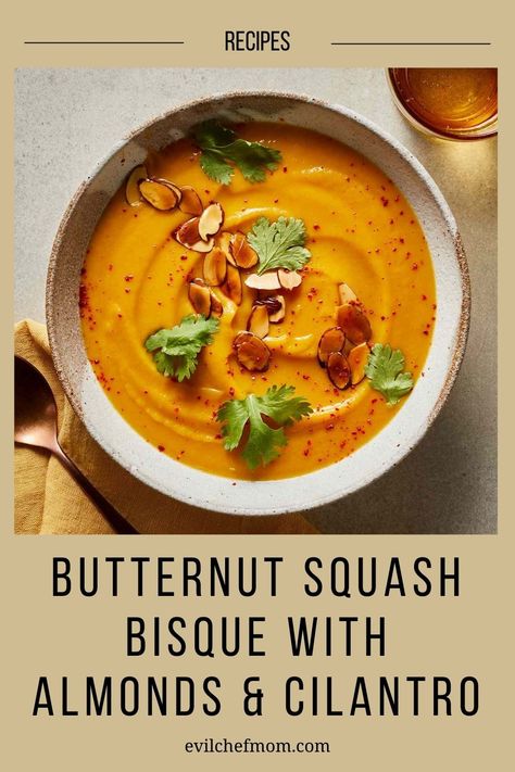 Butternut Squash Bisque with Almonds & Cilantro Brie Bruschetta, Squash Bisque, Butternut Squash Bisque, Healthy Butternut Squash, Almond Smoothie, Bisque Recipe, Food Substitutions, Salad Sauce, Roasted Squash