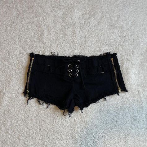 Y2k Grunge, Short Waist, Low Waisted, Mini Shorts, Low Cut, Black Denim, Black Lace, Zipper, Lace Up