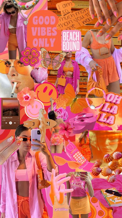 #summer #summeraesthetic #summerinspo #beach #beachgirl #beachaesthetic #beachy #beachvibes #hotgirlsummer #beachinspo #bikini #sea #sun #boho #books #pink #orange #orangeaesthetic #surfergirl #pinkaesthetic Pink And Orange Summer Aesthetic, Batchloret Party Outfits, Pink And Orange Bathing Suit Bachelorette, Orange Themed Bachelorette Party, Tequila Sunrise Bachelorette Theme Decor, Tequila Sunrise Pool Party, Orange Beach Bachelorette Party, Summer Wallpaper Pink And Orange, Pink And Orange Hens Theme