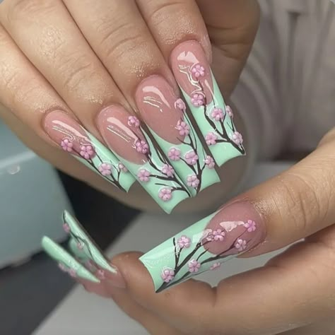 Xl Green French Tip Press On Nails With Cherry Blossom Accents. Squoval Acrylic Nails, Green Acrylic Nails, Nails Dip, Spring House, Fake Nails With Glue, Valentine Nails, Green Nail, Nails Spa, Spring Hill