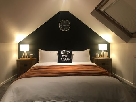 Black and white attic space bedroom Black And White Attic Bedroom, Black Attic Bedroom, Black Attic Room, White Attic Bedroom, White Loft Bedroom, Black Attic, White Attic, Attic Master Suite, Men’s Bedroom Ideas