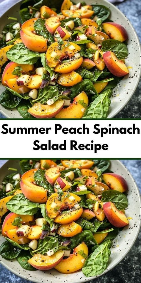 Need peach recipes? Try our Summer Peach Spinach Salad Recipe. This spinach salad combines fresh peaches and a delicious spinach salad dressing, perfect for healthy dinner ideas and easy dinner recipes for the family. Gourmet Salad Recipes, Peach Salad Recipe, Peach Salad Recipes, Spinach Salad Dressing, Spinach Salads, Quick Salad Recipes, Grilled Peach Salad, Homemade Balsamic Vinaigrette, Salad With Goat Cheese