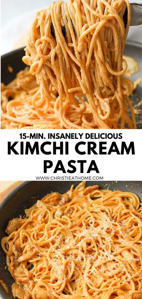 15-min. Kimchi Cream Pasta. Pasta noodles coated in the most insanely delicious kimchi cream sauce with cheese and pork belly. A rich delicious Asian-Italian fusion dish that will satiate your taste buds like no other! #what to eat with kimchi #kimchi meals #kimchi recipe ideas dinners #kimchi alfredo pasta #creamy kimchi pasta #pasta Cheesy Kimchi Noodles, Kimchi Mayo Recipe, Foods To Eat With Kimchi, Creamy Kimchi Pasta, Recipes With Kimchi In It, Healthy Kimchi Recipe, Things To Eat With Kimchi, Cooking With Kimchi, Creamy Kimchi Udon