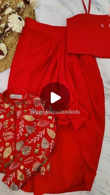 Noodle Strap, Girls Long Dresses, Draped Skirt, Chaniya Choli, Draped Dress, Skirt Design, Short Jacket, Red Jacket, Waist Length