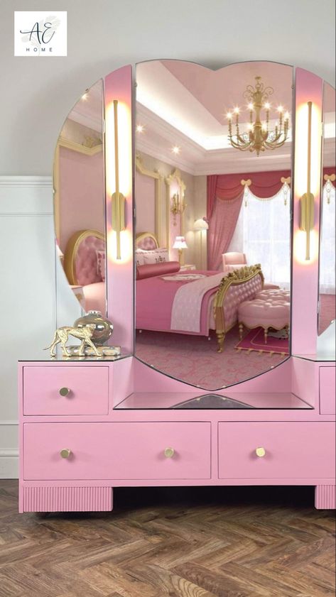 Gold Dressing Table, Animal Print Bedroom, Heart Shaped Mirror, Blue Hallway, Gold Lighting, Large Floor Mirror, Reception Stage Decor, Floor Length Mirror, Pink Vanity