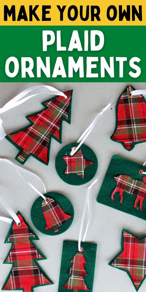 DIY Plaid Holiday ornaments. Easy ornaments made of plaid. how to make plaid ornaments. Flannel Ornaments Diy, Flannel Christmas Ornaments Diy, Handmade Ornaments Diy, Diy Plaid, Plaid Christmas Ornaments, Plaid Ornaments, Plaid Crafts, Scottish Christmas, Sewn Christmas Ornaments