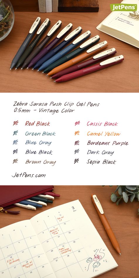 Enjoy writing in chic, subdued colors with these Zebra Sarasa Vintage Color gel pens. Sarasa Pen, Zebra Brush Pens, Zebra Sarasa Vintage, Sarasa Pens, Y2k Tech, Zebra Pens Sarasa, Japan Shopping, Zebra Mechanical Pencils, Zebra Sarasa