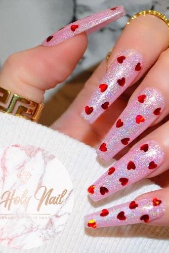 Acrylic Gift Ideas, Valentines Day Nails Pink, Valentines Day Nails Acrylic, Nails Pink Glitter, Gift Ideas Valentines Day, Gift Ideas Valentines, Long Red Nails, Valentines Nail, Vday Nails