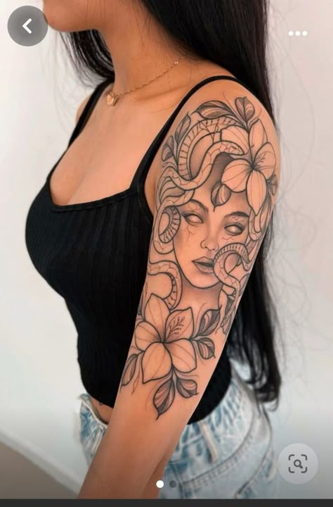 Upper Arm Sleeve Tattoo Women Medusa, Upper Arm Medusa Tattoo, Sleeve Tattoos For Women Medusa, Unique Medusa Tattoo Sleeve, Medusa Arm Tattoos For Women, Medusa Arm Tattoo, Medusa Theme Sleeve, Half Sleeve Tattoo Upper Arm, Medusa Tattoo