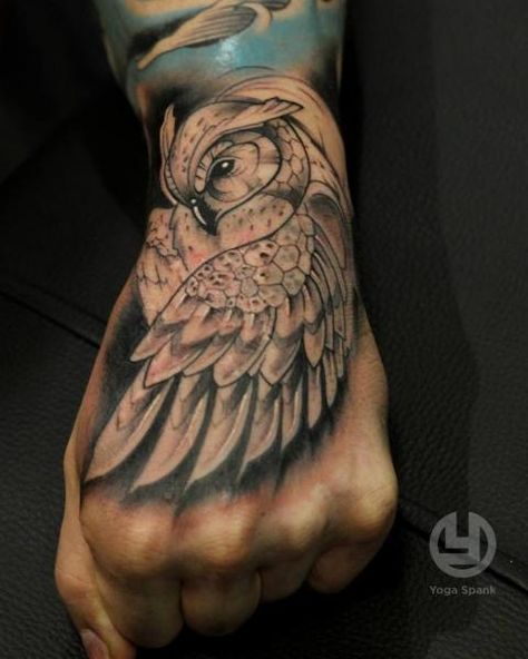 Owl Hand Tattoo, Owl Tattoo Men, Lower Arm Sleeve, Tattoo Men Arm, Tattoo For Hand, Net Tattoo, Realistic Owl Tattoo, Fallen Angel Tattoo, 16 Tattoo