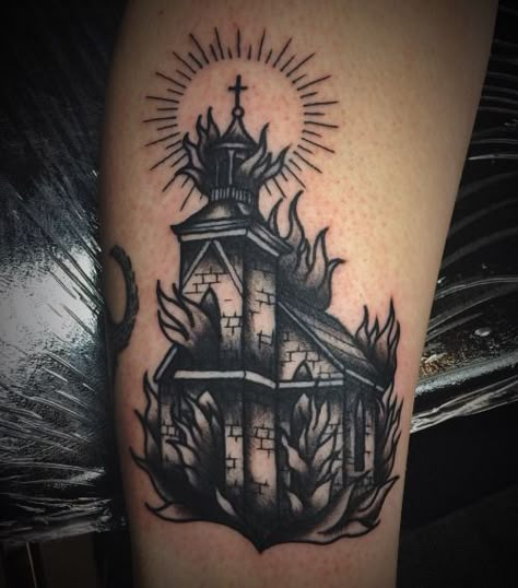 burn Burning Church Traditional Tattoo, Burning Church Tattoo Design, Manga Samurai, Tattoos Ideas For Men, Church Tattoo, Burning Church, Small Tattoos Ideas, Satanic Tattoos, Occult Tattoo