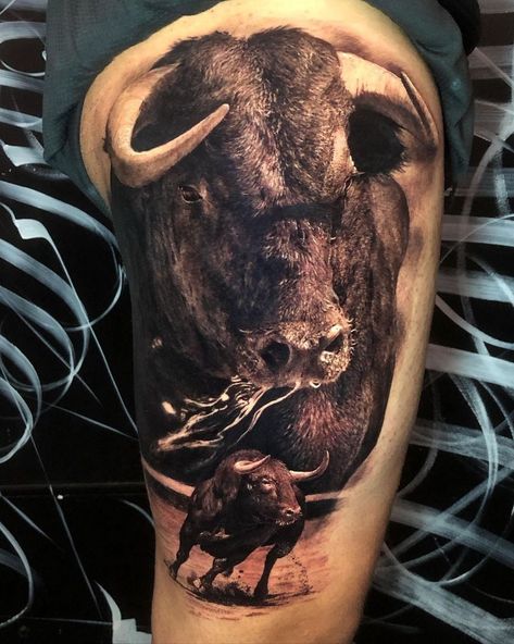 Black Bull Tattoo, Ox Tattoo, Tattoos Big, Biomech Tattoo, Taurus Bull Tattoos, Fenrir Tattoo, 27 Tattoo, Bull Tattoo, Wolf Tattoo Sleeve