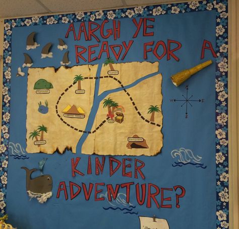 Pirate map bulletin board Pirate Themed Bulletin Board Ideas, Treasure Map Bulletin Board, Map Bulletin Board Ideas, Pirate Bulletin Board Ideas, Pirate Bulletin Boards, Map Bulletin Board, Treasure Island Book, Pirate Theme Classroom, Pirate Classroom