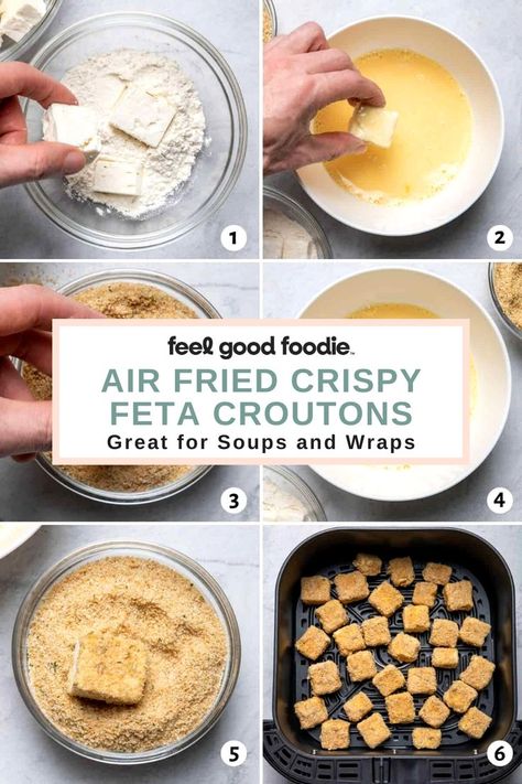 Add some flavor to your salads with these crispy feta croutons! Cubes of feta are coated with seasoned breadcrumbs and air fried to perfection before being paired with a light and refreshing salad. This is such a fun way to elevate a simple salad! Fried Feta Salad, Air Fryer Feta Cheese, Fried Feta Cheese, Crispy Feta, Fried Feta, Crouton Salad, Feta Cheese Recipes, Cheese Croutons, Greek Cheese