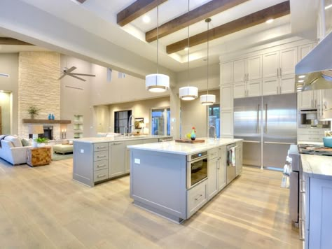 Double Island Kitchen Layout, Cabinets Lights, Double Island, Double Island Kitchen, Open Kitchen And Living Room, Kitchen Beautiful, Storage Inspiration, Kitchen Designs Layout, Modern Kitchen Design Open Concept