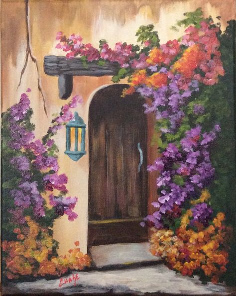 Tuscan Door on 8x10. Inspired by Ginger Cook. Tuscan Paintings On Canvas, Window Acrylic Painting Canvases, Paintings Of Windows Acrylic, Tuscan Landscape Painting, Paint Step By Step, Garden View From Window Painting, Beginner Acrylic Painting, Tuscan Garden, Garden Door