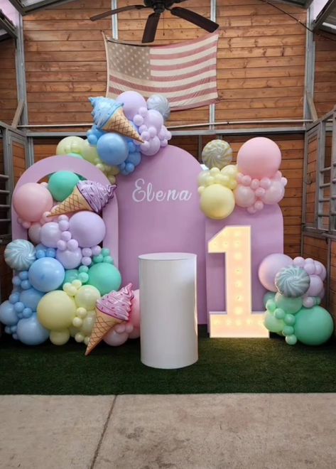 Ice Cream Theme 1st Birthday Party, Sweet One Balloon Arch, 3 Arch Backdrop With Balloons, Ice Cream Party Theme, Baby First Birthday Themes, Candy Theme Birthday Party, First Birthday Balloons, Candy Land Birthday Party, Candy Birthday Party