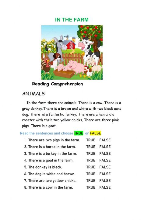 Farm Animals Activities, Reading Comprehension For Kids, Reading Comprehension Lessons, Farm Preschool, English Activities For Kids, English Exercises, English Worksheet, Farm Activities, English Worksheets For Kids