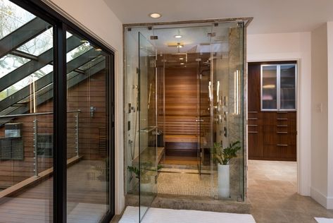 Sauna Shower Combo, Shower Sauna, Steam Shower Enclosure, Small Basement Bathroom, Sauna Shower, Basement Bathroom Design, Infrarot Sauna, Modern Contemporary Bathroom, Modern Home Bar