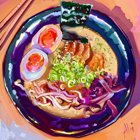 Alai✨Oil painter | Ramen 🍜 for #foodpaintchallenge ➡️ Swipe for reference📸 cat fav part 👀 and rules 💪 ▫️The #foodpaintchallenge has only one rule: to use… | Instagram Ramen Painting, Soup Illustration, Ramen Art, Food Reference, Ipad Painting, Ramen Noodle Soup, Foodie Art, Ramen Soup, Food Painting