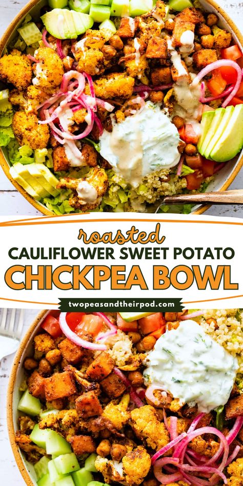 Looking for a quick and easy recipe for dinner? This Roasted Cauliflower, Sweet Potato, and Chickpea Bowl is a delicious and healthy recipe! Add this to your simple weeknight dinner ideas for the family. Sweet Potato Cauliflower Bowl, Healthy Recipes Chickpeas, Roasted Sweet Potatoes And Cauliflower, Sweet Potato Chick Pea Recipe, Cauliflower Bowls Healthy, Chickpea Sweet Potato Bowl, Healthy Chickpea Dinner Recipes, Cauliflower Chickpea Recipes, Roasted Cauliflower And Sweet Potato