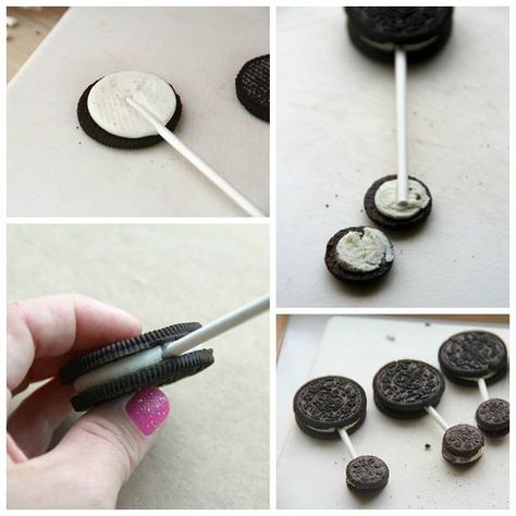 Oreo pop baby rattles. Then dip in blue or pink melted candy coating and add a row of round candy sprinkles across center of wet large Oreo for design ...use a tweezer Melted Candy, Oreo Cake Pops, Boy Baby Shower Ideas, Baby Shower Treats, Shower Desserts, Baby Shower Desserts, Dessert Party, Oreo Pops, Cookie Pops